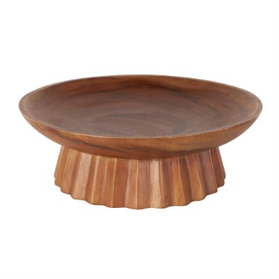 17" Round Brown Wood Pedastal Bowl