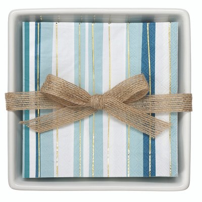 5.75" Sq Beverage Napkin Holder With Blue Stripe Napkins