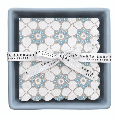 5.75" Sq Blue Beverage Napkin Holder With Blue Tile Napkins
