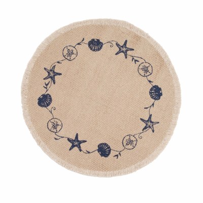 15" Round Navy and Beige Shell Fringe Coastal Placemat