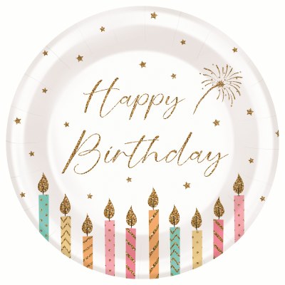 Pack of Eight 7" Round "Happy Birthday" Candles Paper Plates