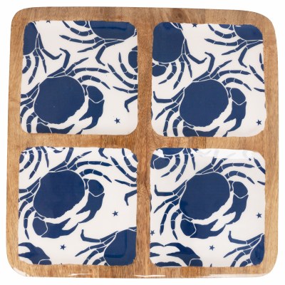 12" Sq Blue Crab Four Compartment Wood Tray