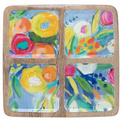 12" Sq Multi Color Blossoms Four Compartment Wood Tray