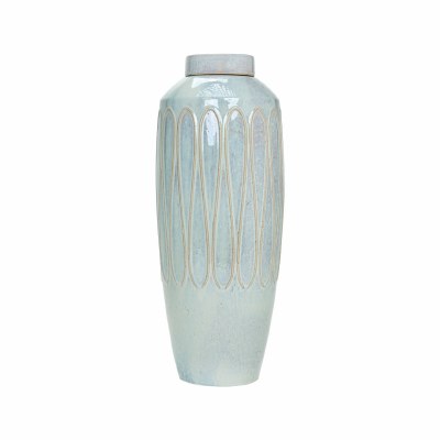 22" Light Blue and Beige Ceramic Jar With Lid