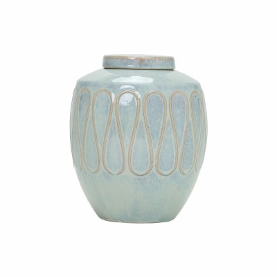 10" Light Blue and Beige Ceramic Jar With Lid