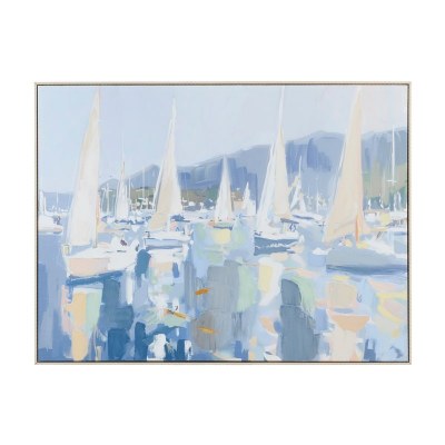 36" x 48" White and Blue Sailboats Framed Coastal Canvas