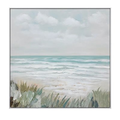 39" Sq Green Grass Beach Framed Coastal Canvas