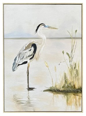 40" x 30" Tall Grass Heron Framed Coastal Canvas