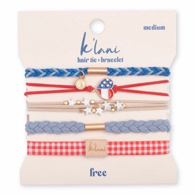 Set of Five Large Red White "Free" Blue Hair Tie/Bracelets