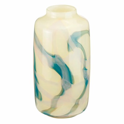 12" White and Teal Glass Vase
