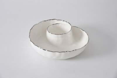 9" Round White and Silver Swirl Porcelain Chip & Dip by Pampa Bay