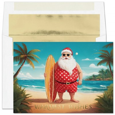 Box of 16 8" x 6" "Warmest Wishes" Santa With His Surfboard Coastal Christmas Cards