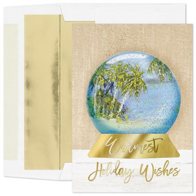 Box of 16 8" x 6" "Warmest Holiday Wishes" Snow Globe With Palm Coastal Christmas Cards
