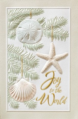 Box of 16 8" x 6" "Joy To The World" Shell Ornament Christmas Greeting Cards