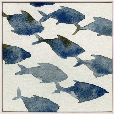 38" Sq Blue Fish Framed Coastal Canvas