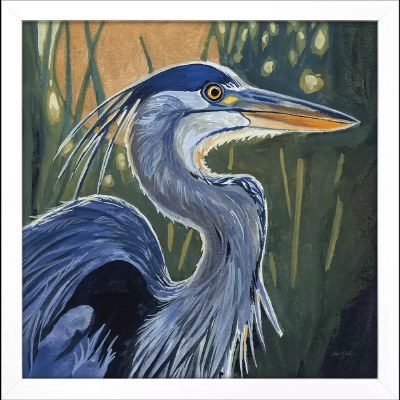 30" Sq Blue Heron Framed Coastal Print