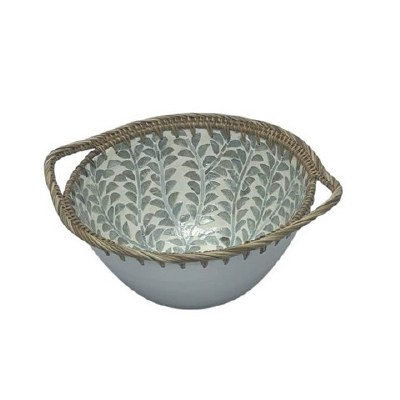 14" Round Green and White Leaf Capiz Bowl