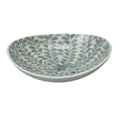 12" Oval Green and White Leaf Capiz Dish