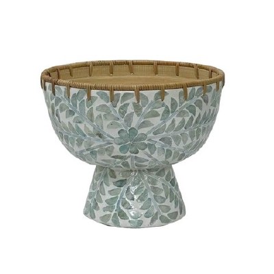 9" Round Green and White Leaf Capiz Pedestal Bowl