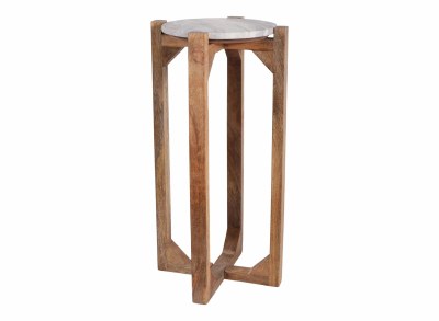 12" Round Gray Marble Brown Wood Leg End Table