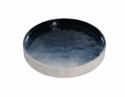 16" Round Blue and White Capiz Tray With Handles