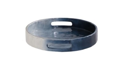 12" Round Blue and White Capiz Tray With Handles