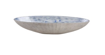 23" Blue White and Silver Oval Metal Bowl