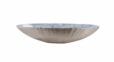 20" Blue White and Silver Oval Metal Bowl