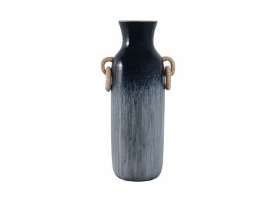 24" Dark Blue Drip Ceramic Vase With Rattan Handles