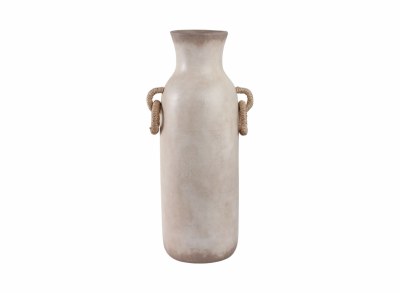 24" Distressed White Ceramic Vase With Rattan Handles