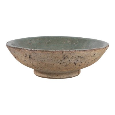 12" Round Green and Beige Ceramic Bowl