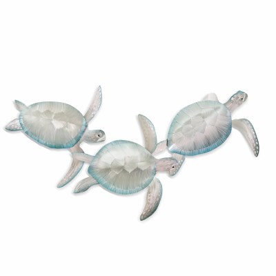 68" Silver and Blue Three Sea Turtles Coastal Metal Wall Art Plaque MM284