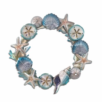 22" Round Silver and Blue Shell Wreath Coastal Metal Wall Art MM353