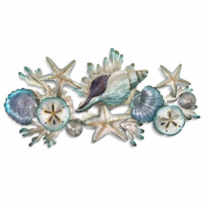 52" Silver and Blue Shells With Starfish Coastal Metal Wall Art Plaque MM352