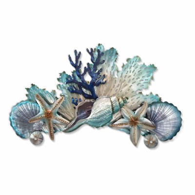 40" Blue and Silver Shells With Starfish Coastal Metal Wall Art Plaque MM350