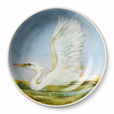 13" Round White Egret Low Bowl