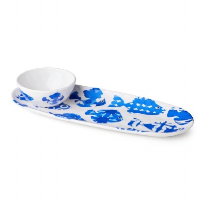15" Oval Blue Fish Tale Tray With Bowl
