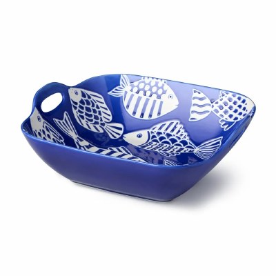 10" Sq Blue Fish Tale Ceramic Bowl