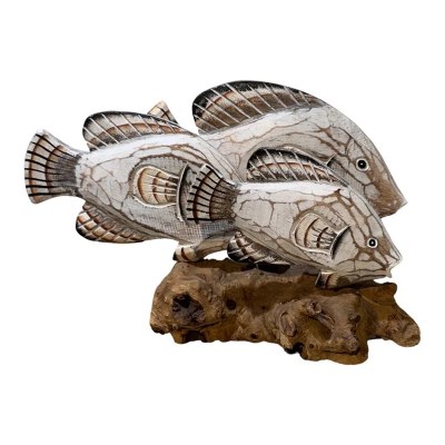 9" Whitewash Brown Three Fish on Driftwood Base
