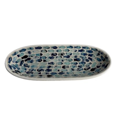 10" Oval Blue Fish Mosaic Dish