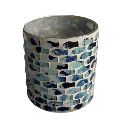 4" Blue Fish Mosaic Glass Votive