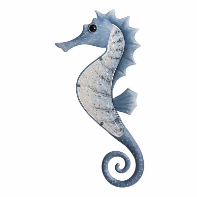 17" Blue Metal and Glass Seahorse Plaque