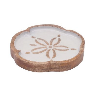 7.5" Brown and White Sand Dollar Wood Dish