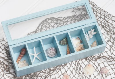4" x 14" Teal Six Compartment Glass Top Box