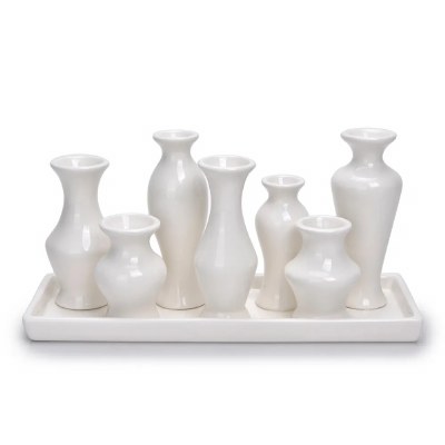 4.4" x 12" White Ceramic Tray With Seven Vases