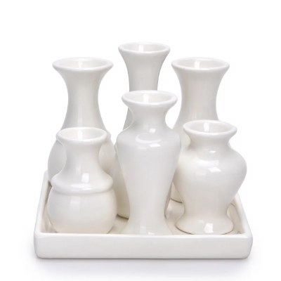 6.3" Sq White Ceramic Tray With Six Vases