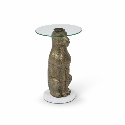 18" Round Antique Brass Leopard Glass and Metal End Table