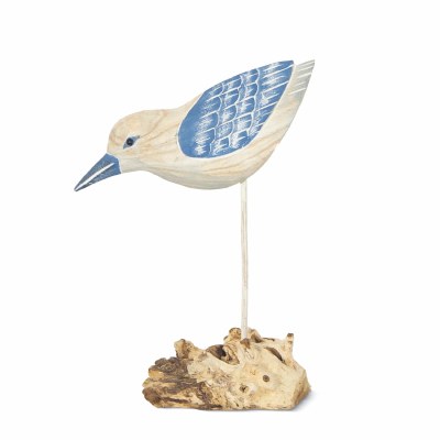 14" Blue and Natural Sandpiper Dipping on a Driftwood Base Statue