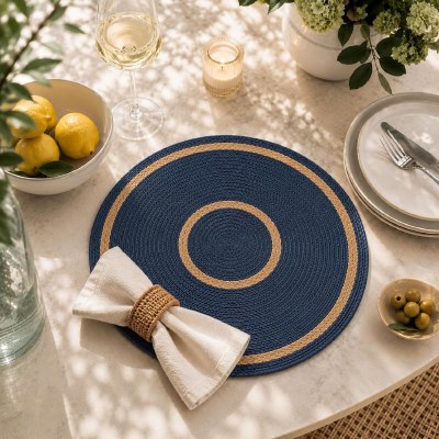 15" Round Navy and Jute Phoenix Placemat