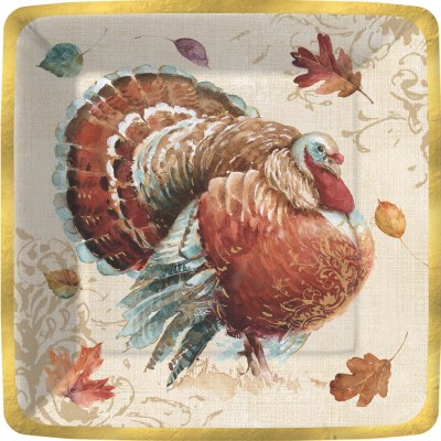 Pack of Eight 7" Sq Rustic Turkey Plates